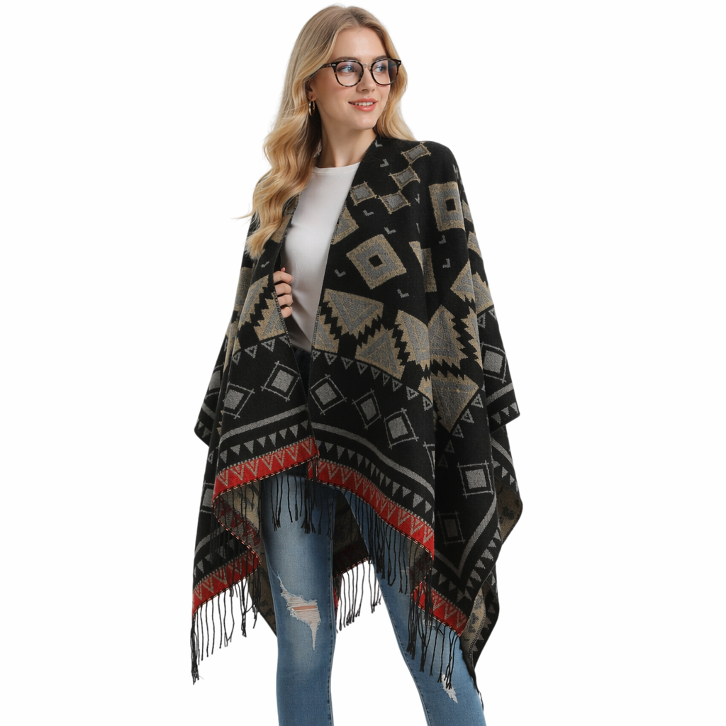 High Quality Thick Wool Geometrical Pattern Women's Winter Poncho Sweater Coat Cloak With Reversible Design Windproof Features
