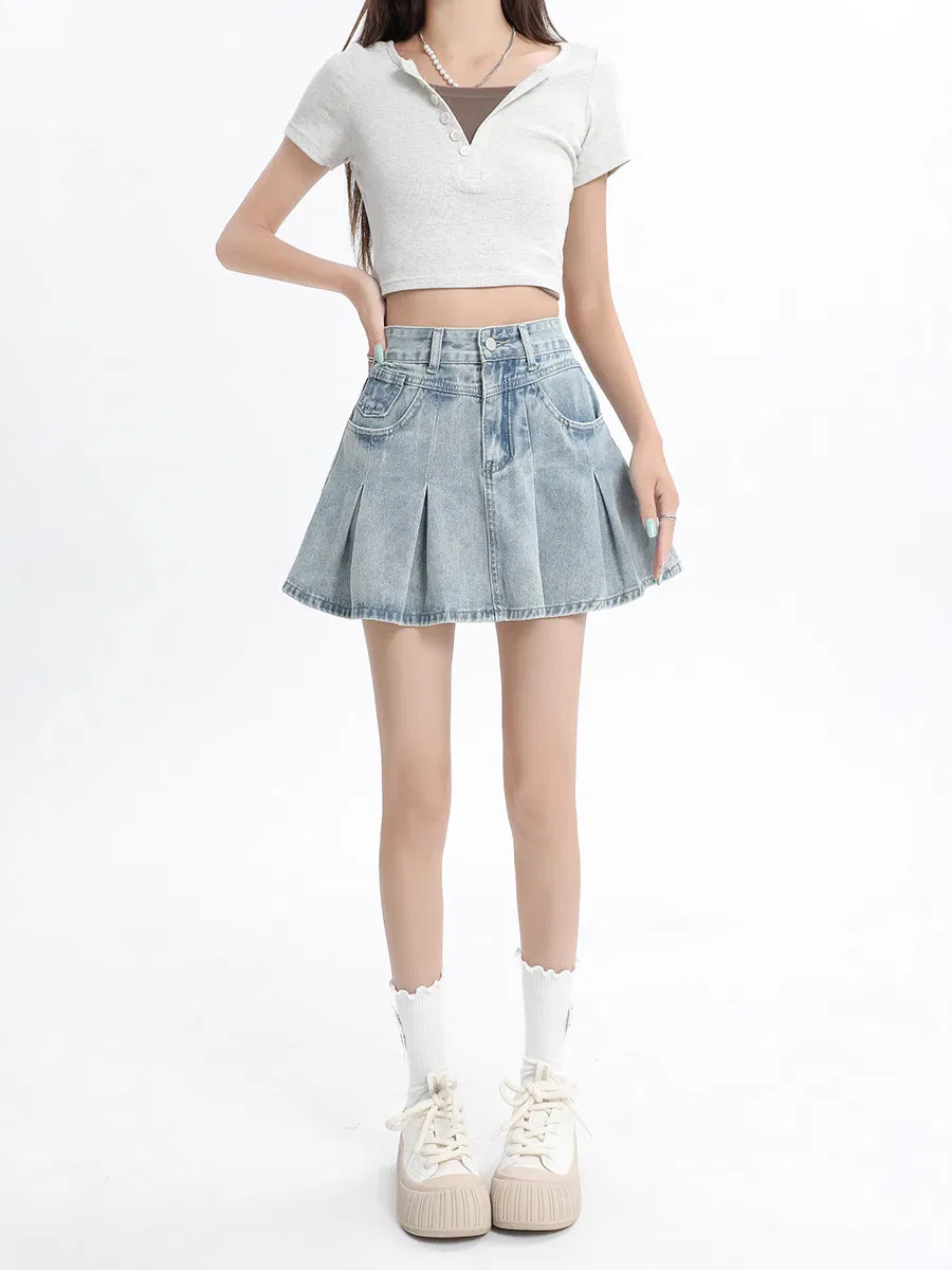 Low MOQ Women High-Waist Pleated Denim Skort Vintage Washed A-Line Mini Skirt with Built-in Shorts