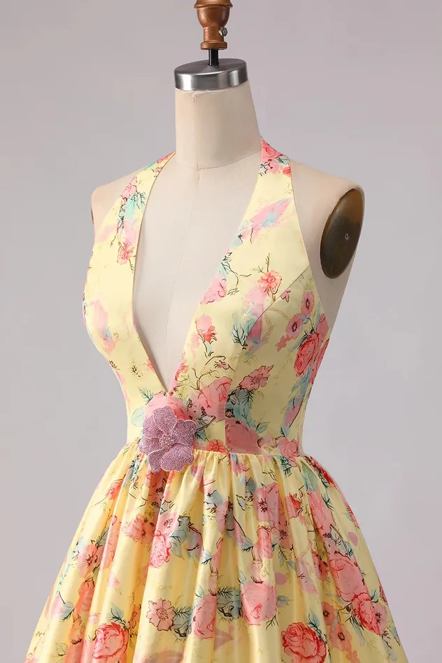 Cicinia Yellow Prom Dresses Long Printed Fabric A-Line Deep V-Neck Halter Backless Evening Dress Prom Dress Sexy Dress Vestido De Noche Girl Dress