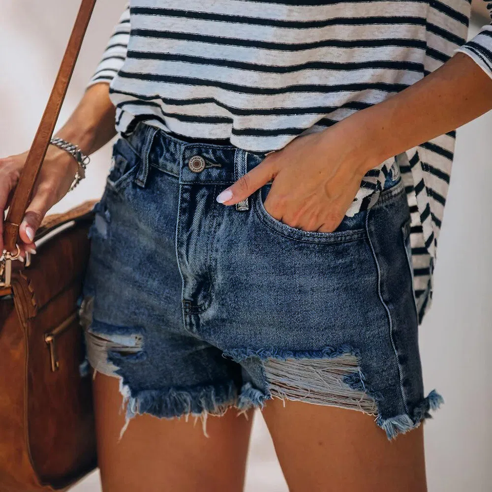 New Fashion Design Amazon Elastic Tassel Ladies Jeans Hot Women's Denim Shorts