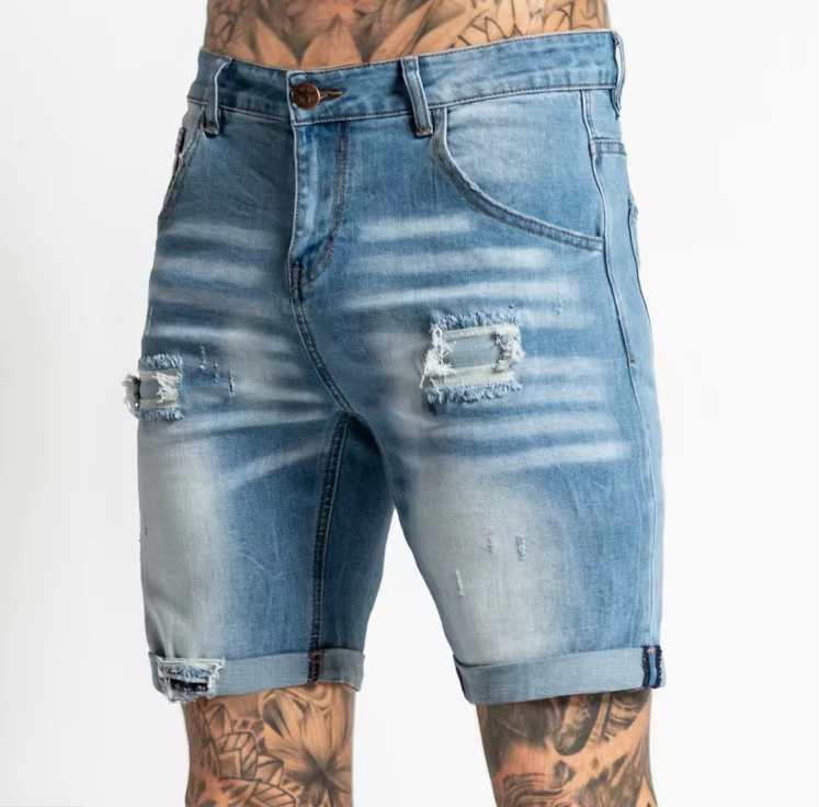 Custom Cotton Summer Skinny Damage Stretch Waistband Hole Straight-Leg Men Denim Shorts