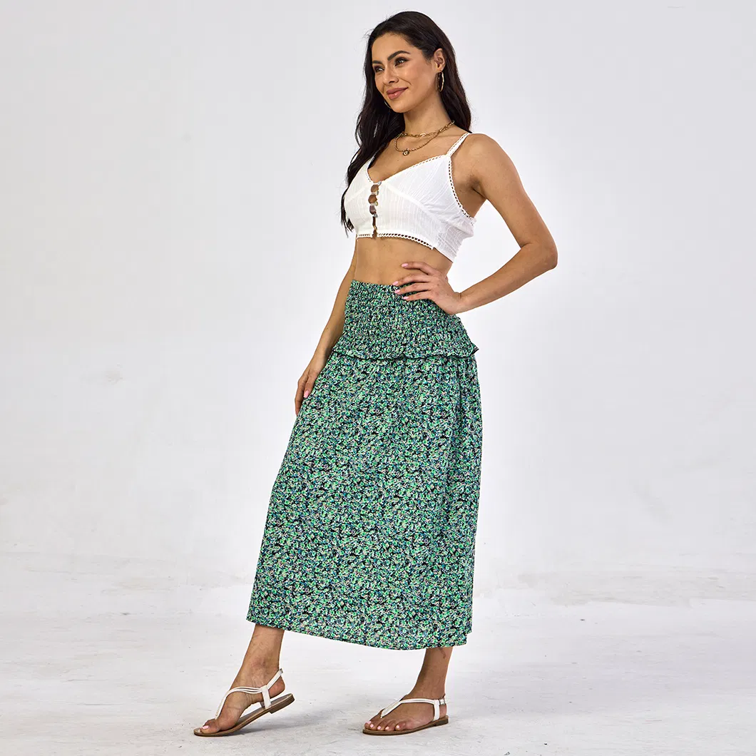 Wholesale European Style Pleated High Waist Casual Fashion Pattern Printing Women Long Skirt