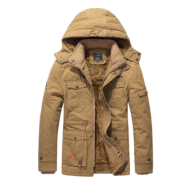 5XL Wholesale Man Winter Coat Hooded Cotton Jacket Fleece Thickening Long Plus Size Leisure Cargo Jacket