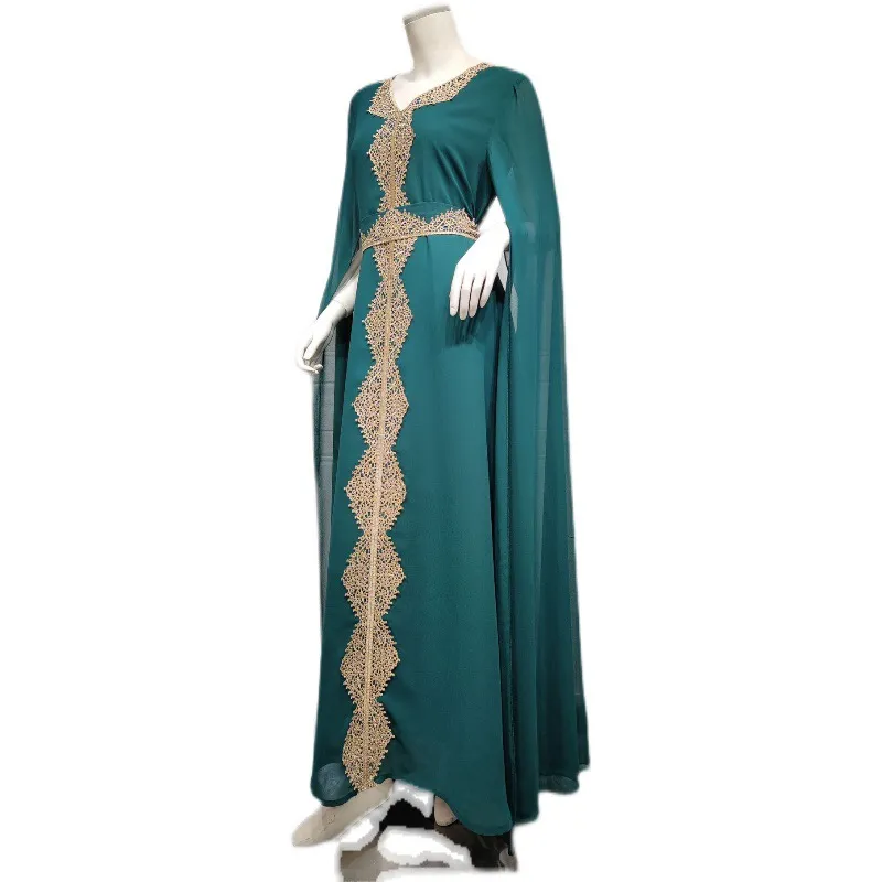 Fashion Chiffon Cape Bell Sleeve Lace Trims Ladies Slim Elegant Long Evening Party Dress