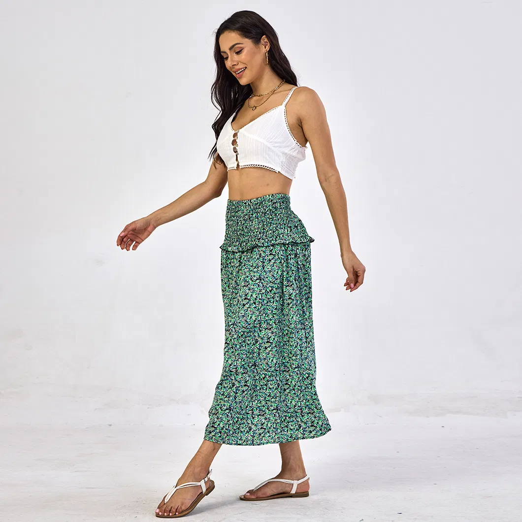 Wholesale European Style Pleated High Waist Casual Fashion Pattern Printing Women Long Skirt