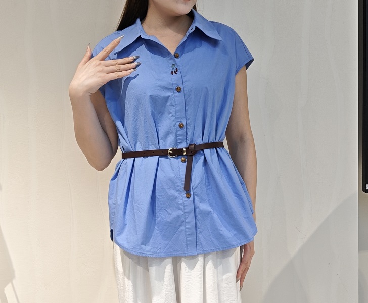 2026 Summer New Arrival Casual Women's Blue Blouse with Button Shirt Collar Short Sleeve Cherry Embroidery and Belt