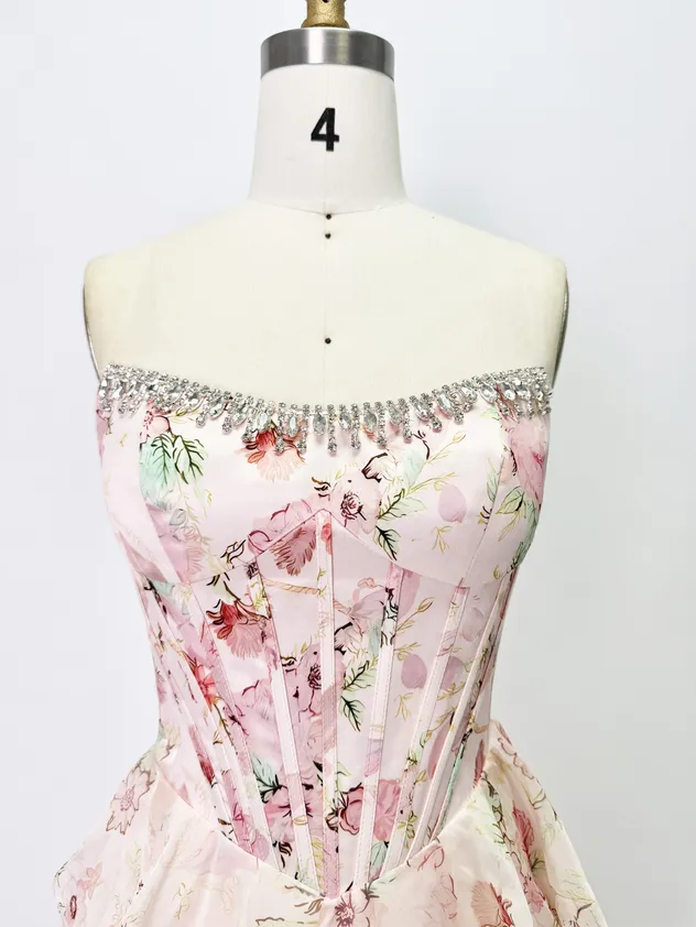 Yellow - Strapless A Line Floral Chiffon Ruffled Prom Dresses with Beading Evening Dress Prom Dress Sexy Dress Vestido De Noche Girl Dress Layered Dress