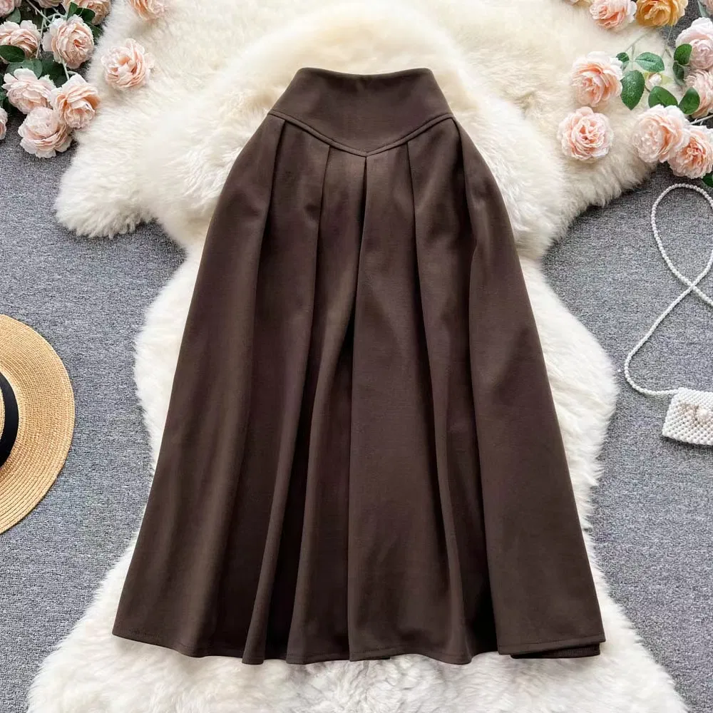 Korean Style New High Waist Vintage Pleated A-Line Long Skirts for Women
