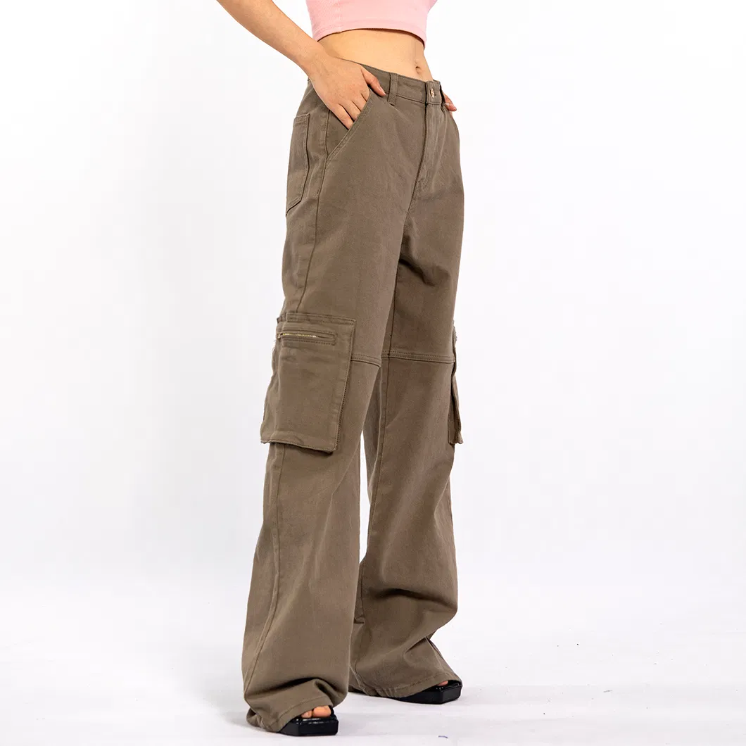 Custom Vintage Aged Large Pockets Loose Long Straight Cargo Pants Women