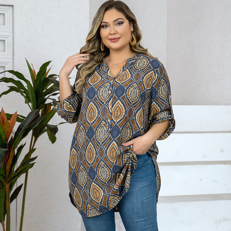 Women's Plus size Casual Blouse V-neck Loose Straight Print Top For Daily Outings and Office Wear Three colors 1XL-5XL
