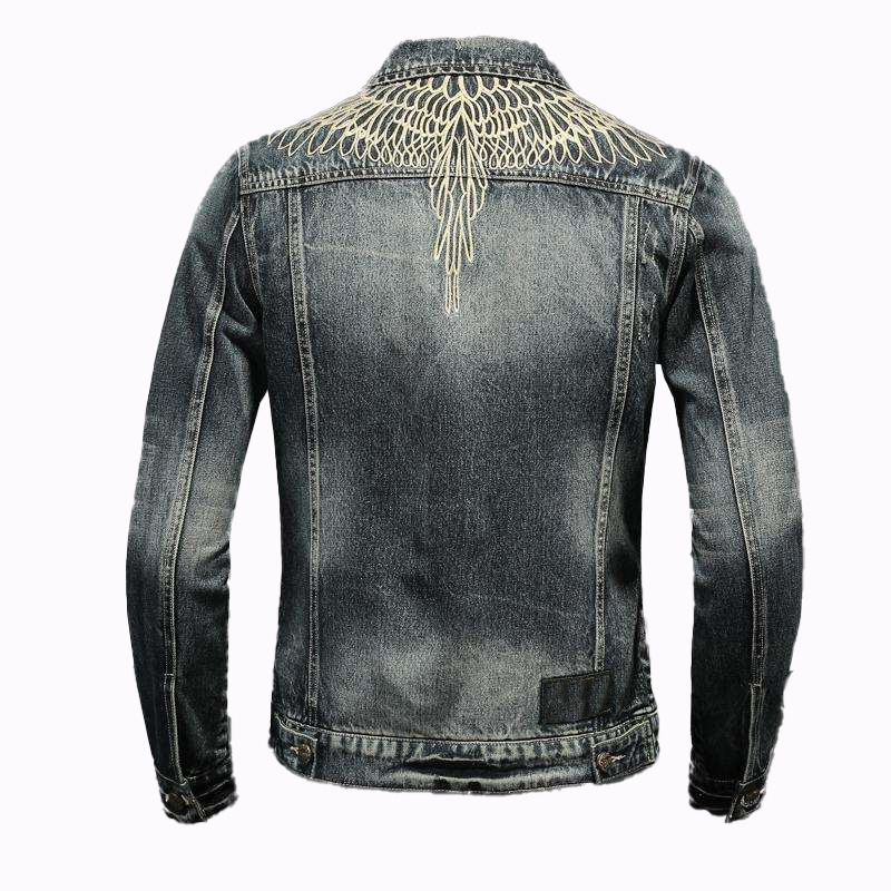 Men's Distressed Denim Jacket With Embroidery Wings Design Casual Button Fly Regular Fit Autumn Wear