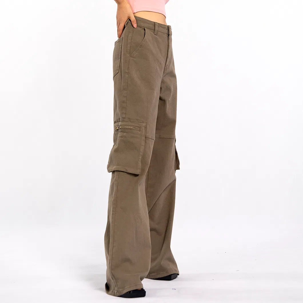 Custom Vintage Aged Large Pockets Loose Long Straight Cargo Pants Women