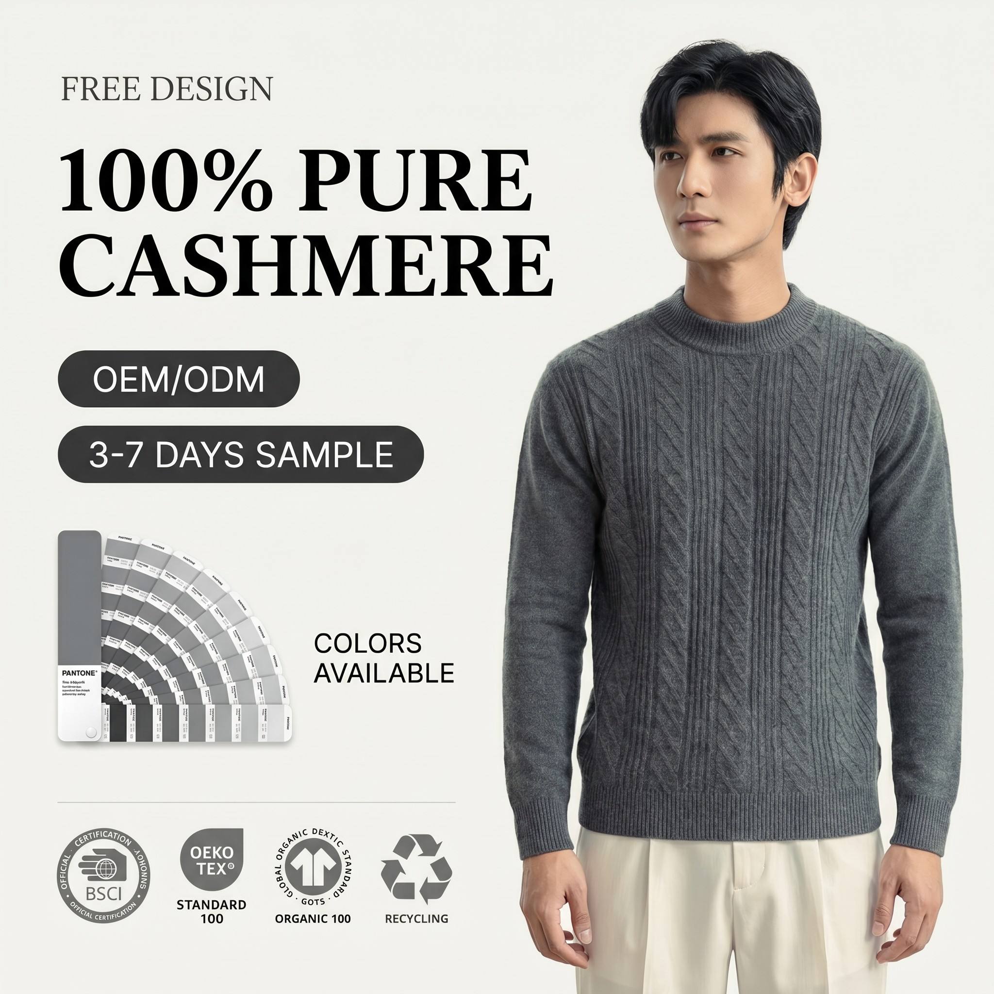 Pure Cashmere Cable Knit Crew Neck Sweater Long Sleeve Design OEM/ODM Customization Ready Stock for Men