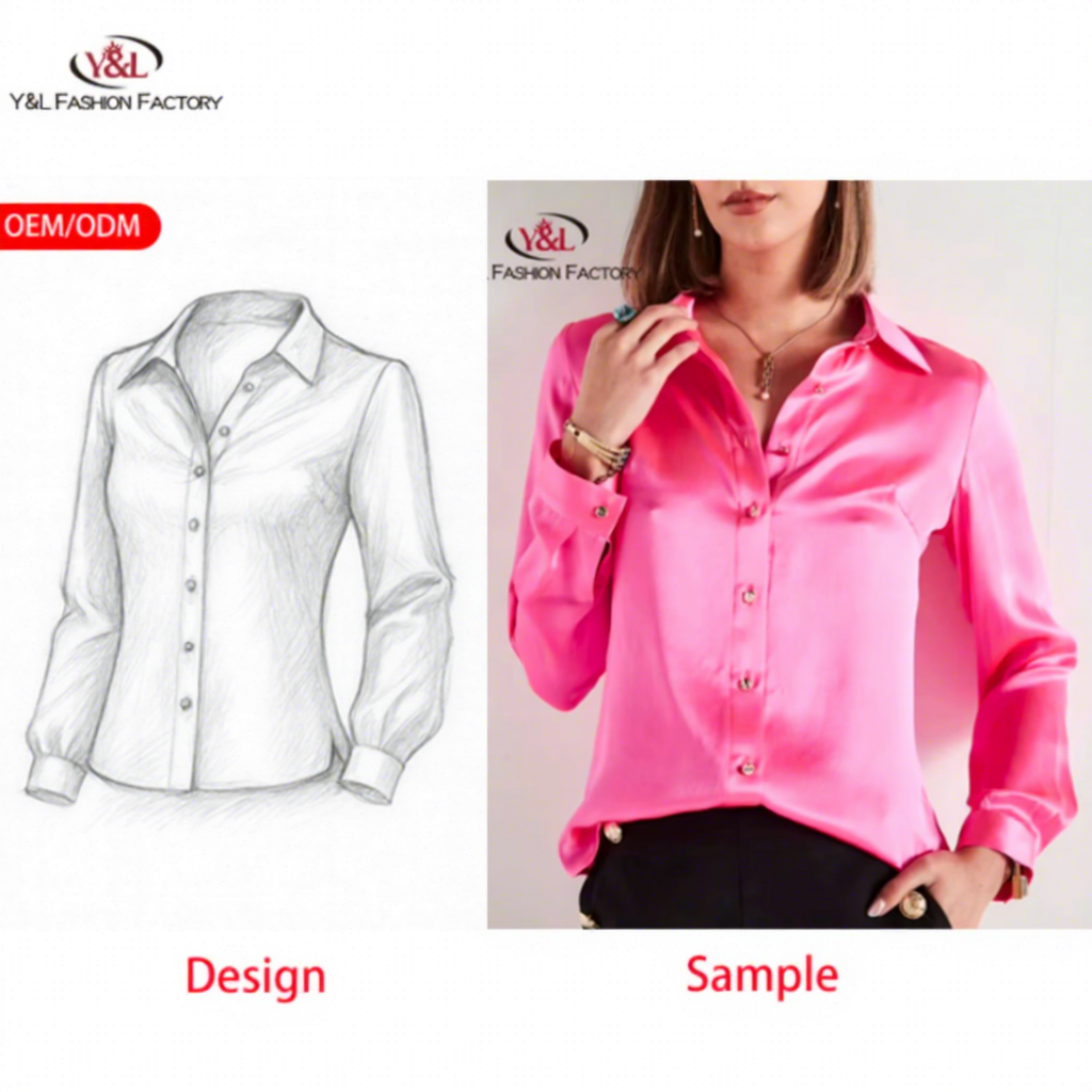 OEM ODM High Quality Solid Silk Woven Fabric Business Elegant Office Women's Shirt Anti-Wrinkle Breathable RUCHED SLEEVE Blouses