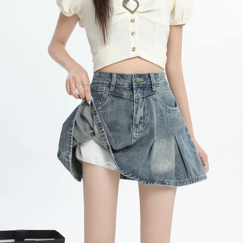 Women High-Waist Pleated Denim Skort Front View