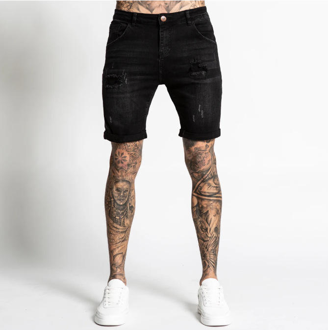 Custom Cotton Summer Skinny Damage Stretch Waistband Hole Straight-Leg Men Denim Shorts
