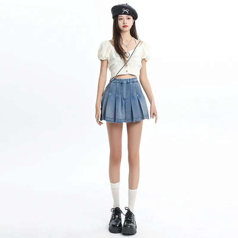 Stylish Women's Denim Pleated Skirt, Washable and Durable Design Detail