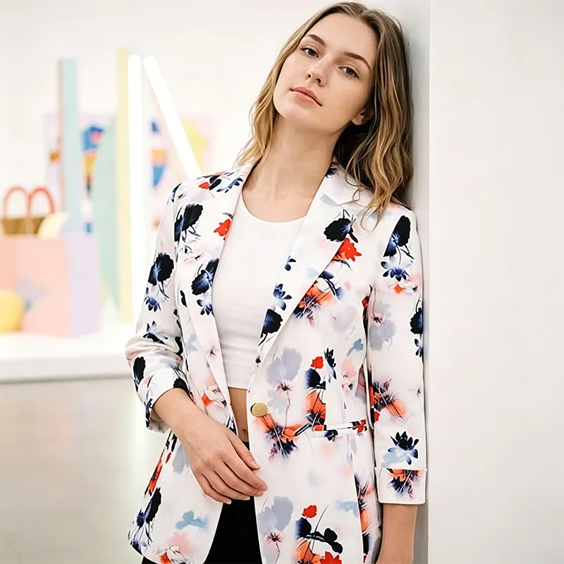 Women Light Purple Ink Print 3/4 Sleeve One Button Slim Fit Casual Blazer Suit Jacket