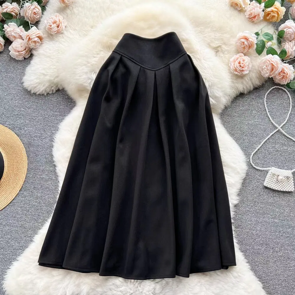 Korean Style New High Waist Vintage Pleated A-Line Long Skirts for Women