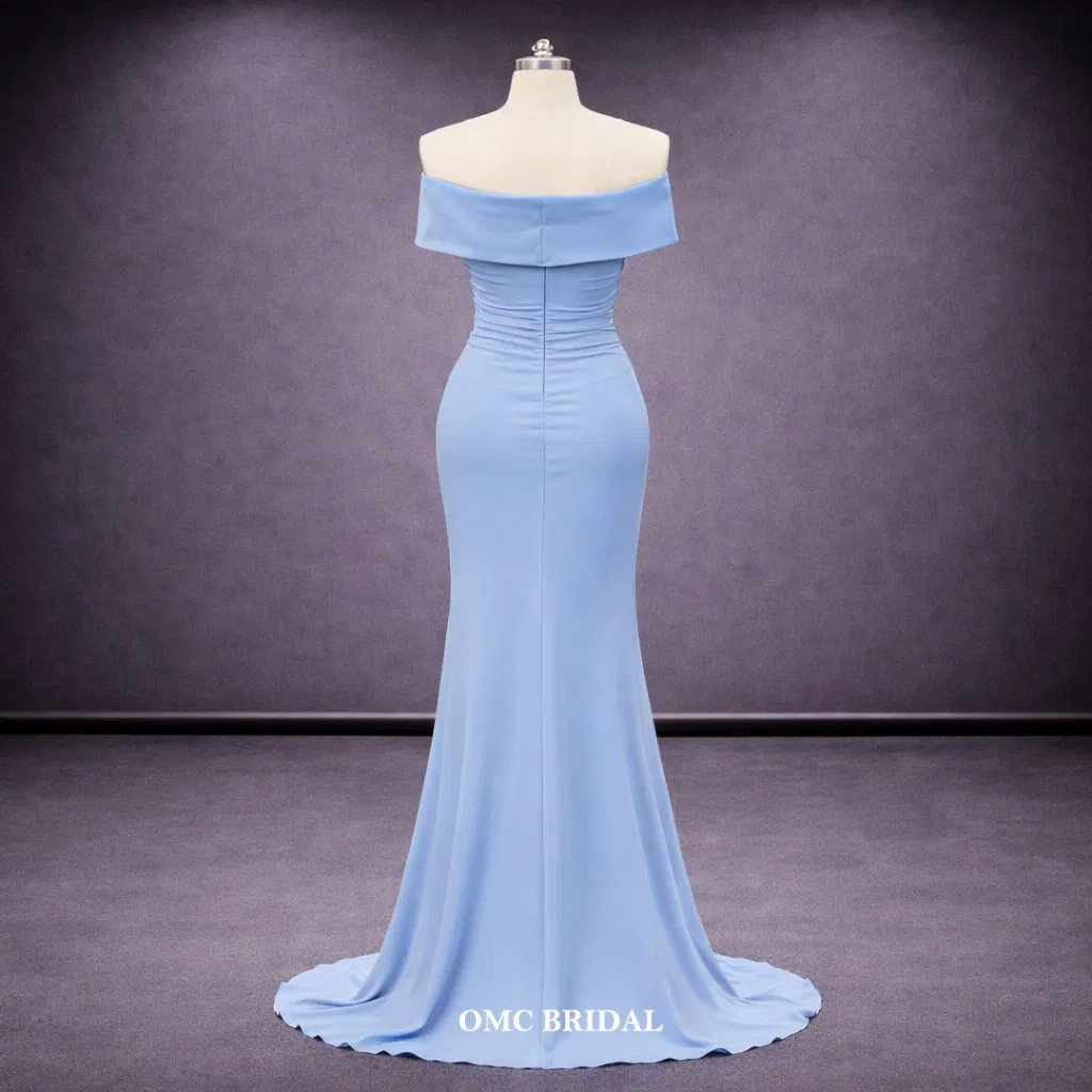 Sky Blue off Shoulder Sweetheart Mermaid Satin Evening Prom Dress with Long Train