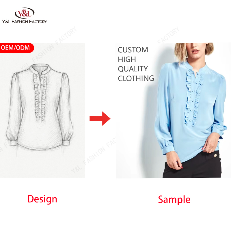 OEM ODM High Quality Solid Silk Woven Fabric Business Elegant Office Women's Shirt Anti-Wrinkle Breathable RUCHED SLEEVE Blouses