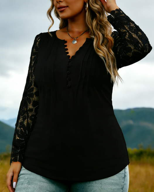 Plus Size Women's Spring/Autumn Casual Button Lace Long-Sleeve Loose-Fit Blouse