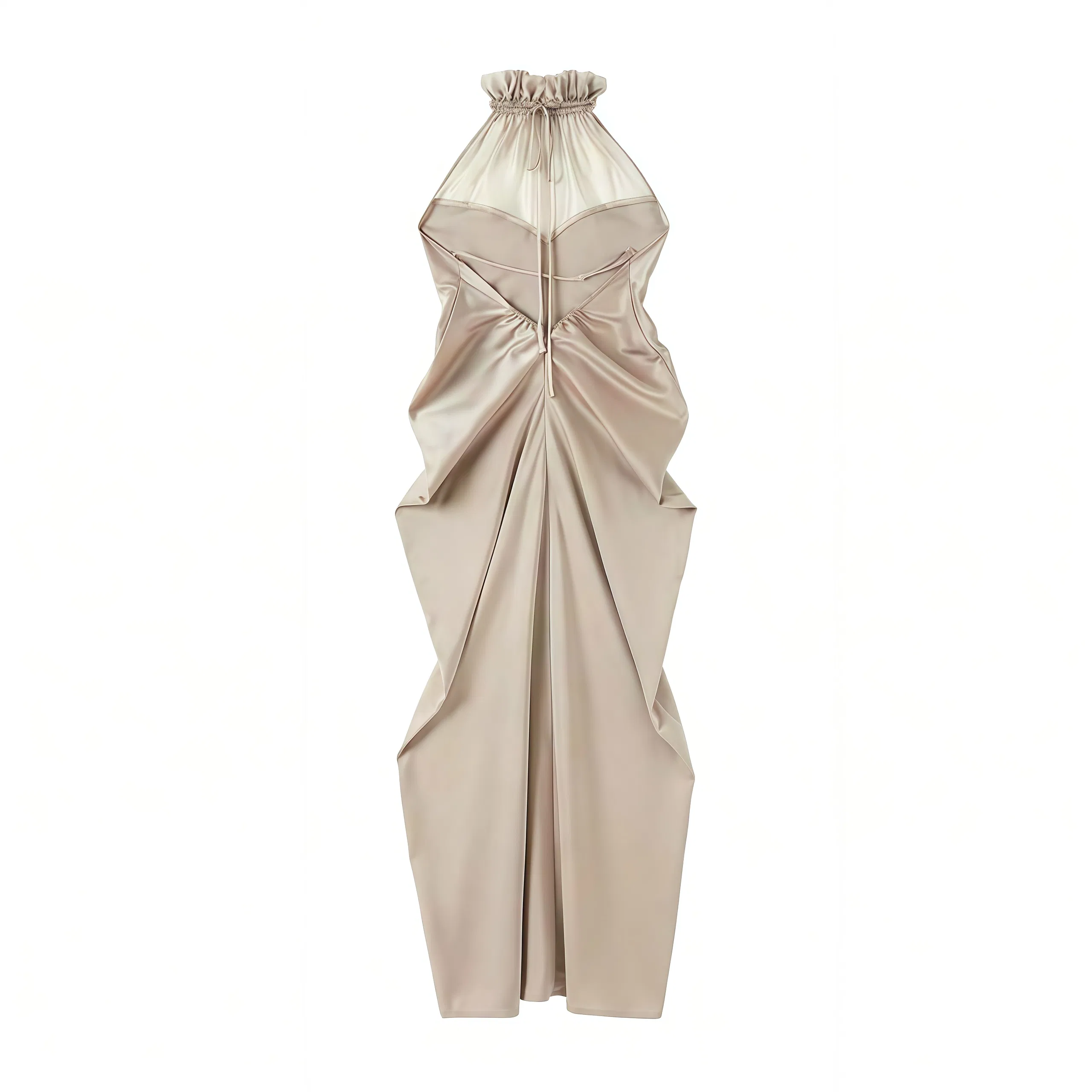 High-Quality Ladies' Sleeveless Silk Dress with Mesh Patchwork, Petal Collar Halter Neck, Slim Fit Elegant Silk MIDI Dress for Party &amp; Evening