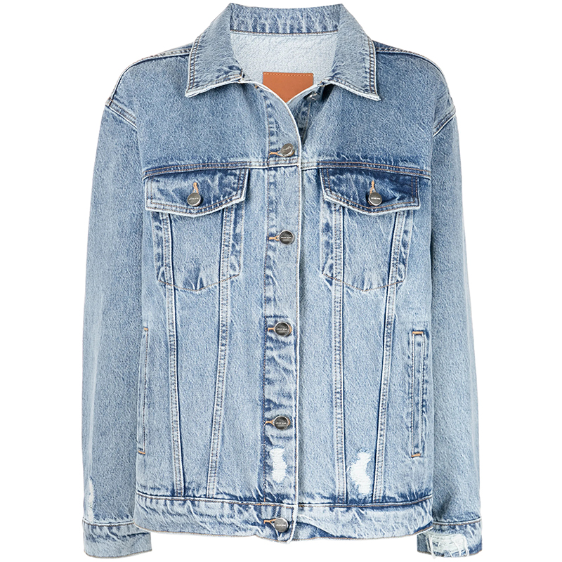 Customized Light Blue Oversize Heavy Wash Destroyed Women's Denim Trucker Jacket Button Long Sleeves Streetwear Autumn Winter
