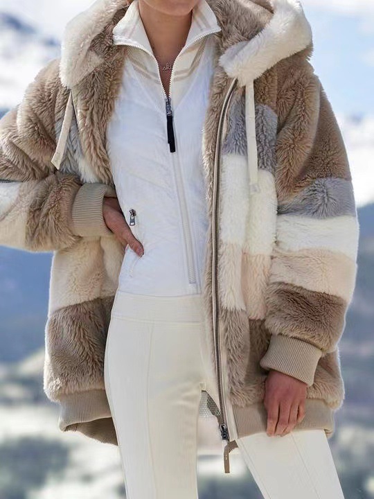 2026 Winter Clothes for Women Warm Plush Patchwork Zip Pocket Women's Coats Hooded Plus Size Women's Coats