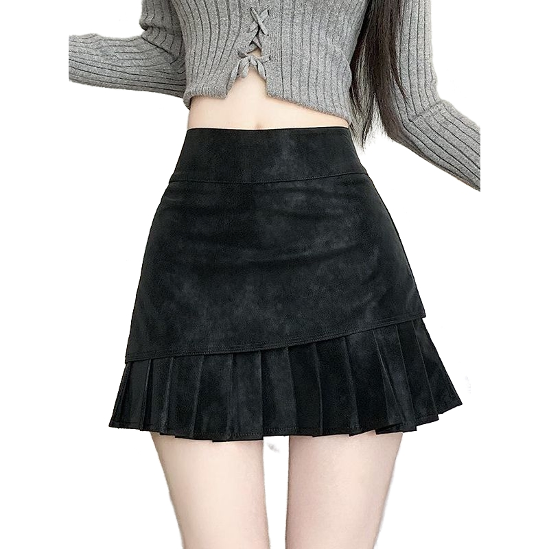 Spring Autumn Casual Retro High Waisted Deer Skin A Line Black Women's Short Skirt Mini Skirt Pleated Skirt