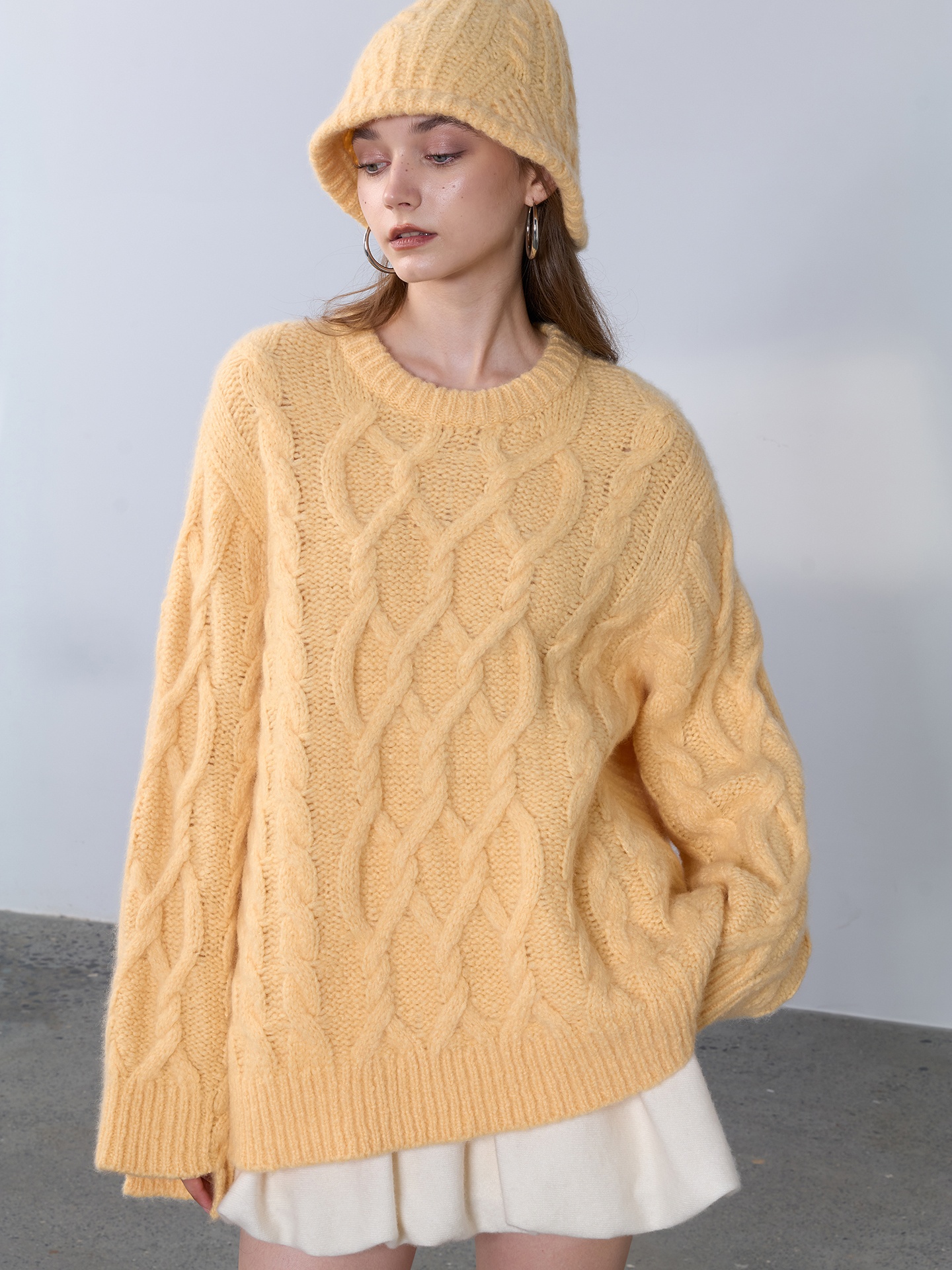 100% Pure Cashmere Cable Knit Sweater Women Oversized Crew Neck Pullover Heavyweight Warm Winter Soft Loose Knitwear Jumper Top
