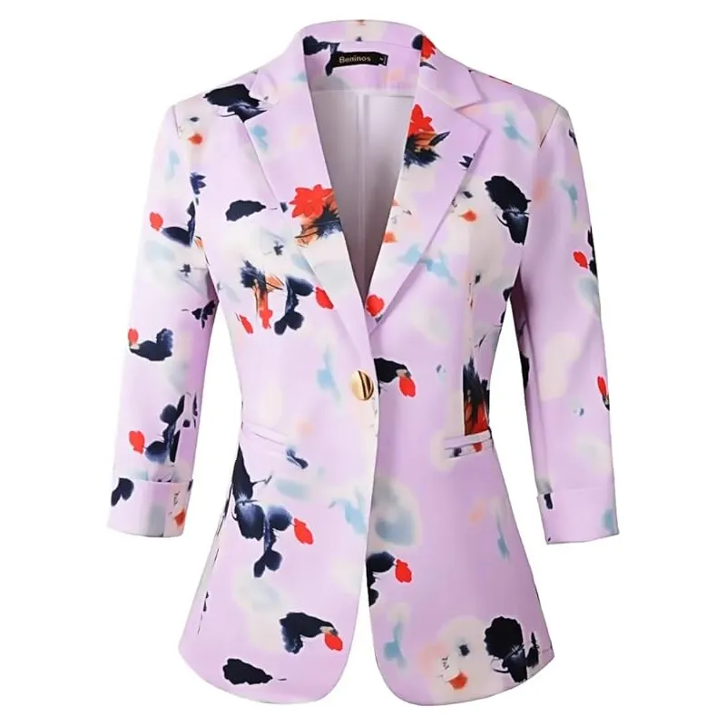 Women Light Purple Ink Print 3/4 Sleeve One Button Slim Fit Casual Blazer Suit Jacket