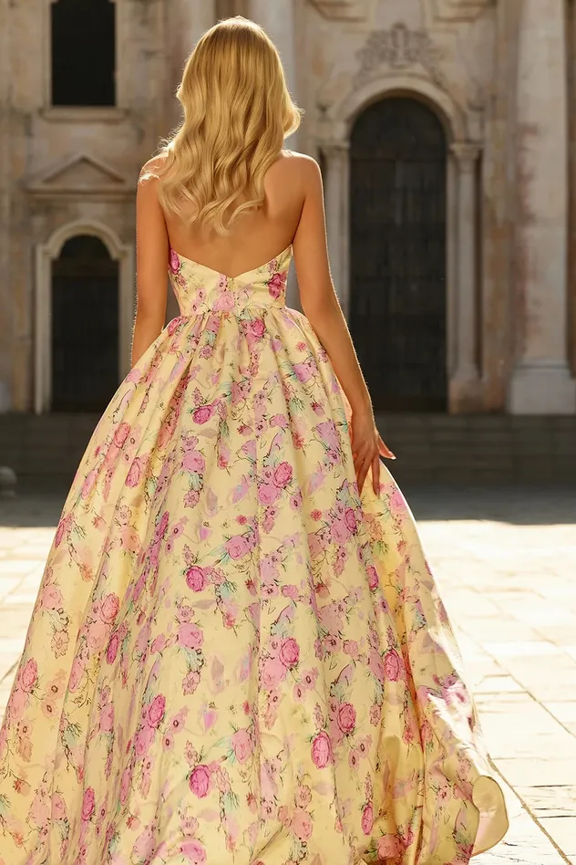 Cicinia Yellow Prom Dresses Long Printed Fabric A-Line Deep V-Neck Halter Backless Evening Dress Prom Dress Sexy Dress Vestido De Noche Girl Dress