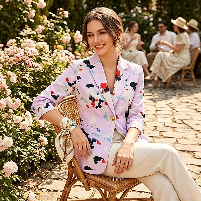 Women Light Purple Ink Print 3/4 Sleeve One Button Slim Fit Casual Blazer Suit Jacket