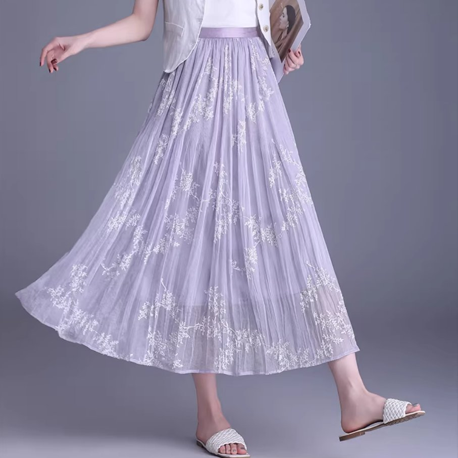 Casual Summer Print Embroidery Pleated Skirt A Line White Women's Half Length Skirt MIDI Skirt