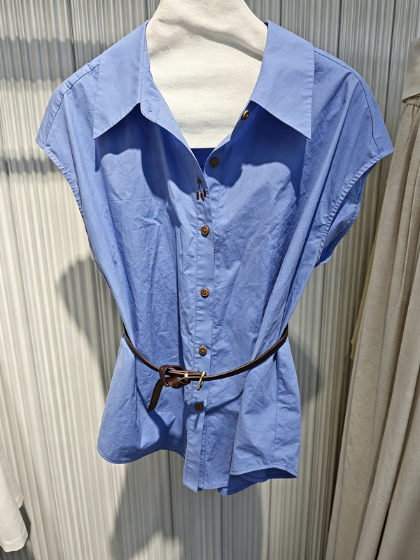 2026 Summer New Arrival Casual Women's Blue Blouse with Button Shirt Collar Short Sleeve Cherry Embroidery and Belt