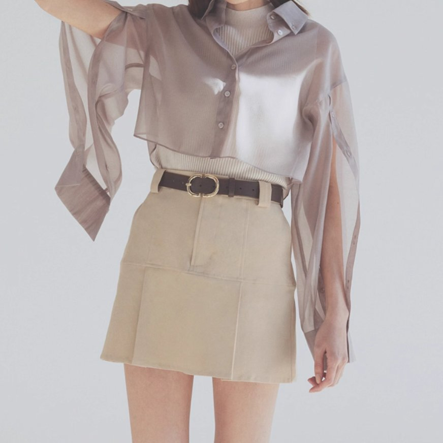 Spring Summer Solid High-Waist Belted Pleated A-Line Skirt