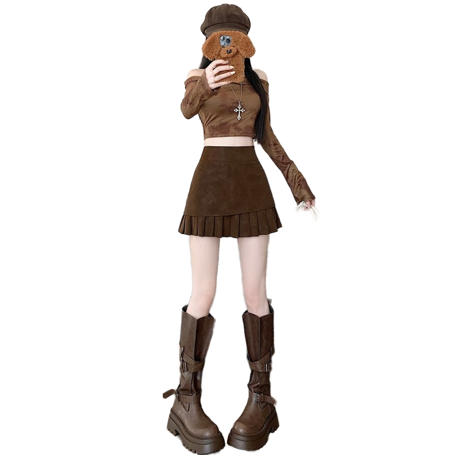 Spring Autumn Casual Retro High Waisted Deer Skin A Line Black Women's Short Skirt Mini Skirt Pleated Skirt
