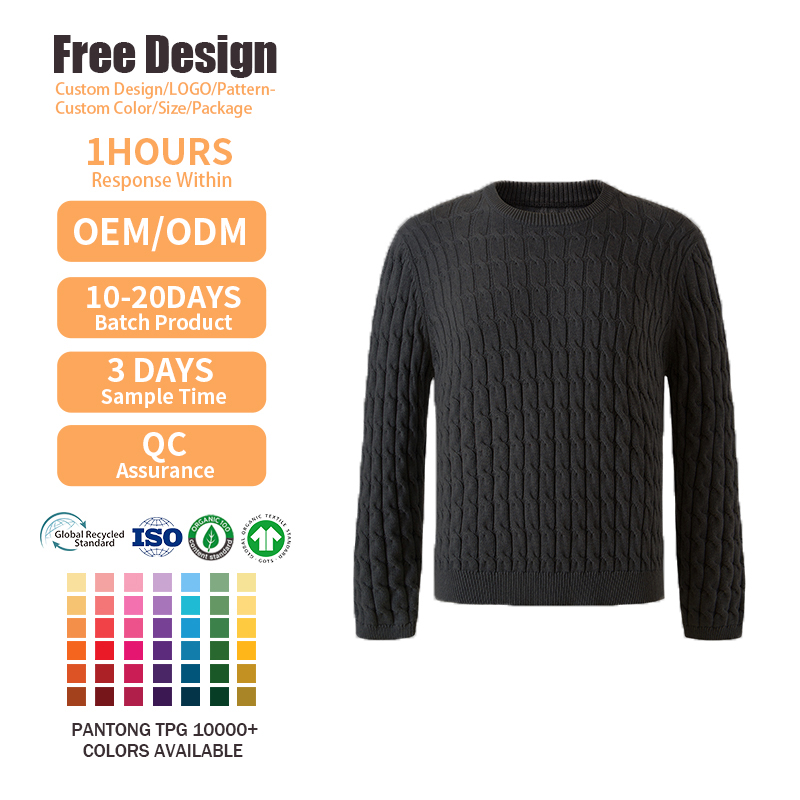Wholesale Vintage 100% Cotton Jumper Cable Crew Neck Jumper Embroidery Logo Winter Custom Men's Sweater