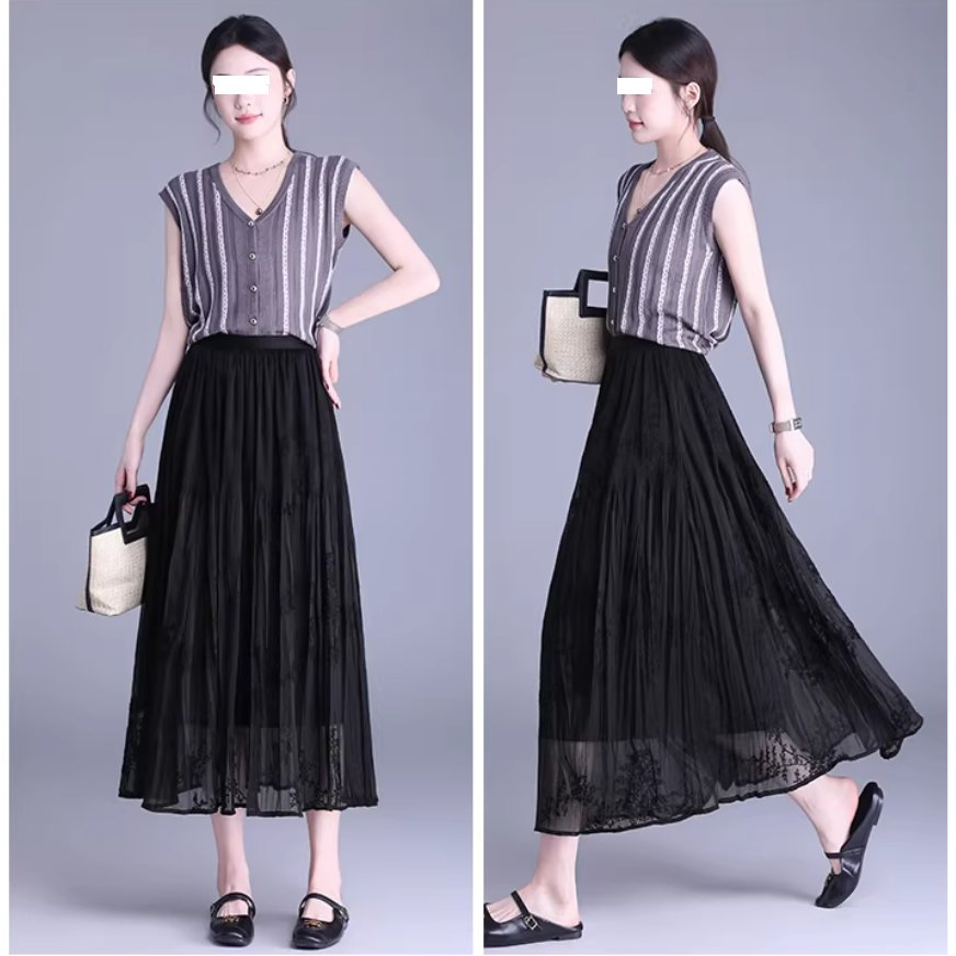 Casual Summer Print Embroidery Pleated Skirt A Line Black Women's Half Length Skirt MIDI Skirt