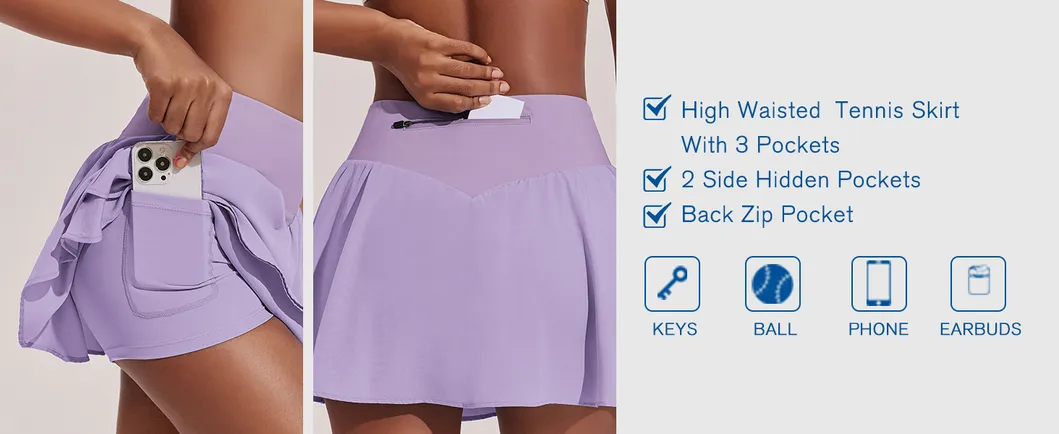Womens Pleated Tennis Skirt Double Ruffle Golf Skort Tummy Control Athletic Skirts with 3 Pockets Workout Pickleball