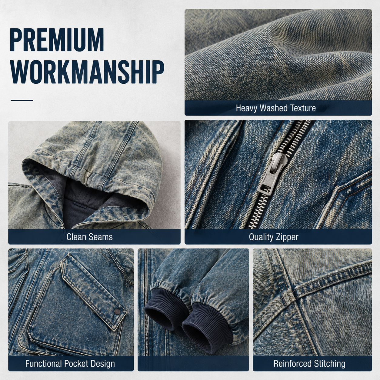 IKDEER Manufacturer Custom Winter Baggy Zip Up Vintage Distressed Acid Washed Heavyweight Cropped Jeans Denim Jacket For Men