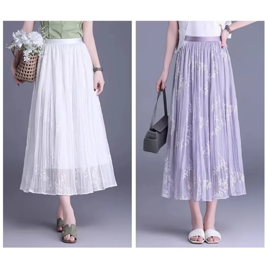 Casual Summer Print Embroidery Pleated Skirt A Line Black Women's Half Length Skirt MIDI Skirt