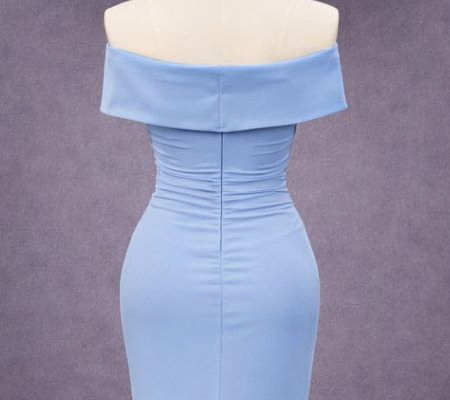 Sky Blue off Shoulder Sweetheart Mermaid Satin Evening Prom Dress with Long Train