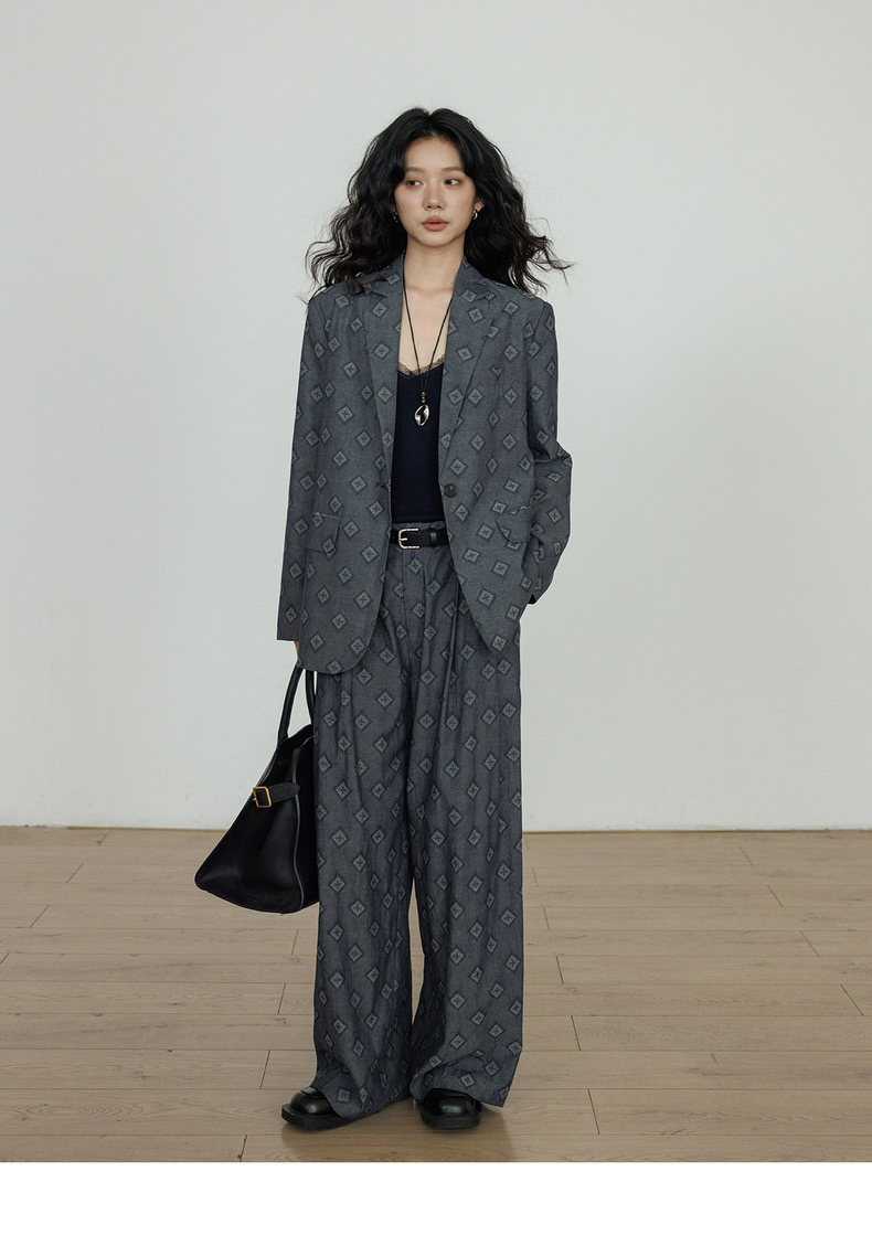 Brand Logo 2 Piece Women Suits Set Blazer Jacket Paired with Loose Long Pants Wholesale Lapel Collar Oversize Customized Print Blazer for Women Casual Wear