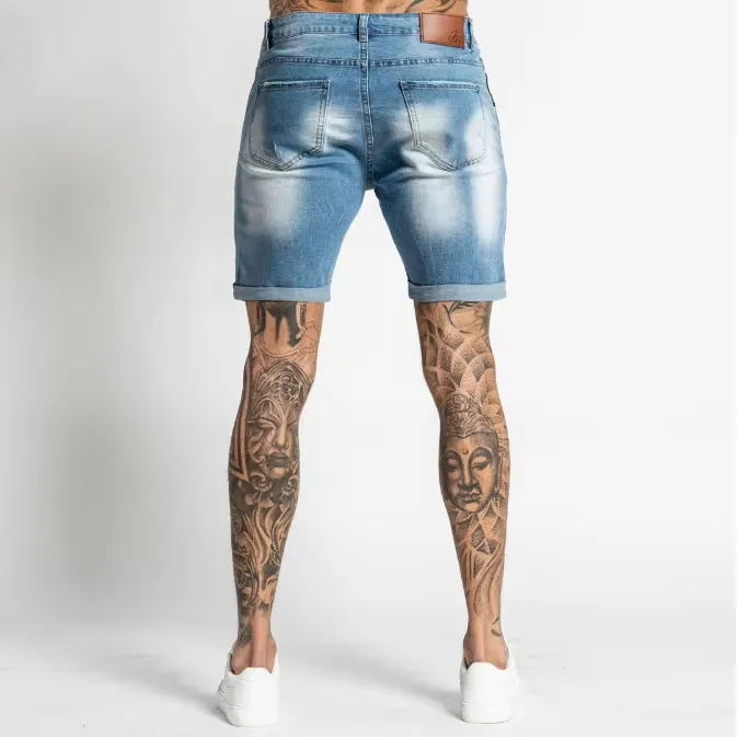 Custom Cotton Summer Skinny Damage Stretch Waistband Hole Straight-Leg Men Denim Shorts
