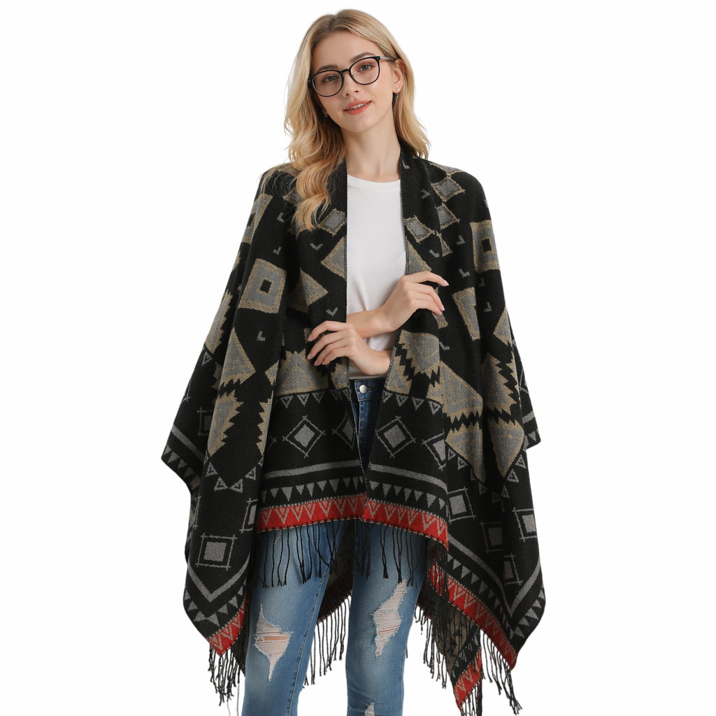 High Quality Thick Wool Geometrical Pattern Women's Winter Poncho Sweater Coat Cloak With Reversible Design Windproof Features