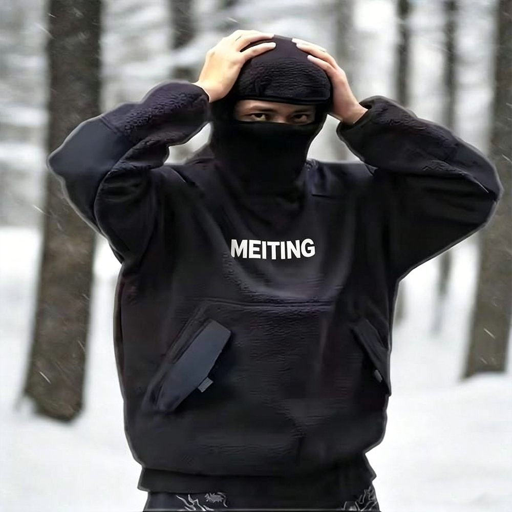 Custom Vintage Oversize Ninja Hoodie Fluffy Fleece 100% Cotton 550Gsm Winter Thick Warm Balaclava Hoodie Full Face Hoodie