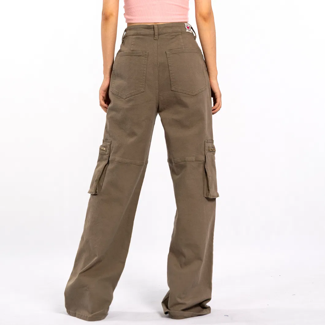 Custom Vintage Aged Large Pockets Loose Long Straight Cargo Pants Women