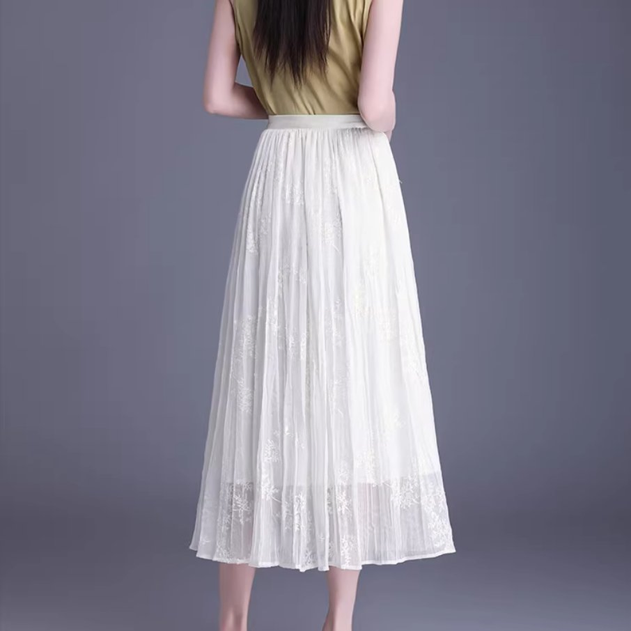 Casual Summer Print Embroidery Pleated Skirt A Line White Women's Half Length Skirt MIDI Skirt